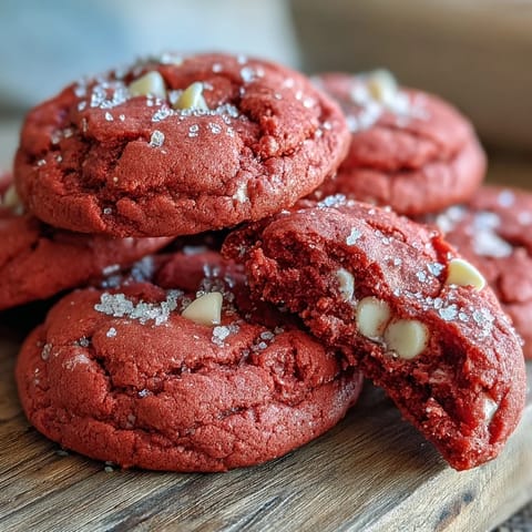 Vibrant pink dough balls filled with white chocolate chips are arranged on a parchment-lined baking sheet before baking.  