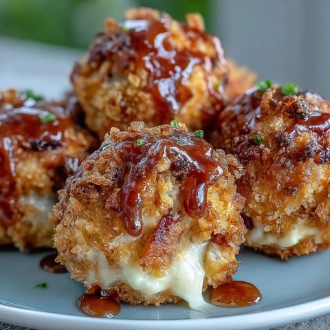 Freshly fried Buffalo Chicken Bacon Mozzarella Bombs, with gooey mozzarella and smoky bacon peeking from a golden, crunchy coating, served with ranch dip.  
