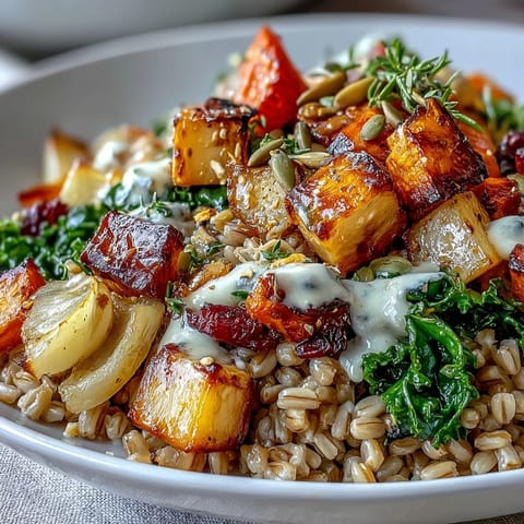 Close-up of a Hearty Winter Grain Bowl featuring roasted carrots and parsnips over quinoa, drizzled with creamy tahini dressing.