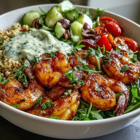 Bright Mediterranean Shrimp Bowl ingredients like cucumbers, tomatoes, and Kalamata olives are layered over spinach, topped with golden shrimp. 