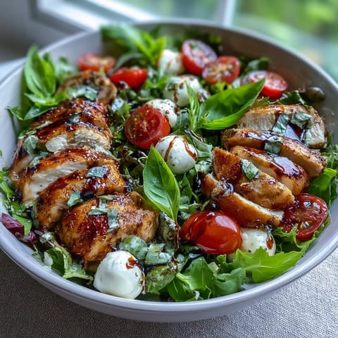 A close-up of Caprese Chicken Bowl showing juicy grilled chicken topped with melted mozzarella and basil.