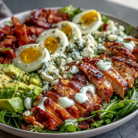 Colorful Cobb Salad Bowl topped with tangy blue cheese, hard-boiled eggs, and juicy tomatoes, drizzled with ranch.