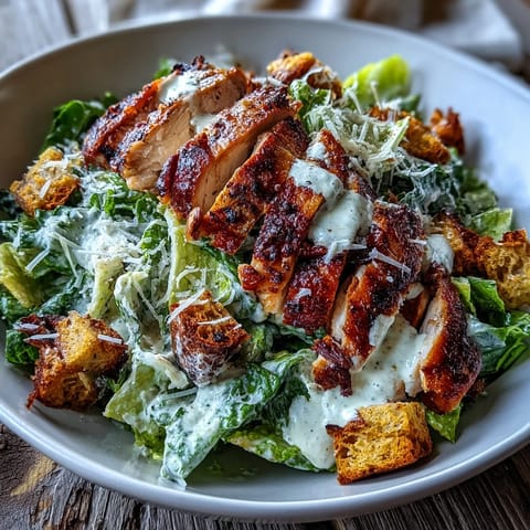 Golden Caesar Chicken Bowl features juicy grilled chicken, crisp romaine, parmesan, croutons, and creamy dressing.