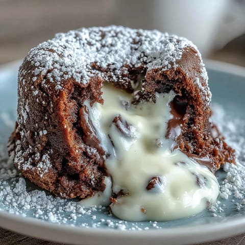 Warm Hojicha White Chocolate Lava Cakes with a creamy center, served alongside fresh raspberries on a rustic plate.