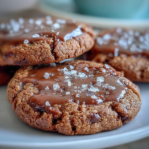 Hojicha Brown Butter Cookies on a cooling rack, sprinkled with flaky sea salt next to a cup of tea.