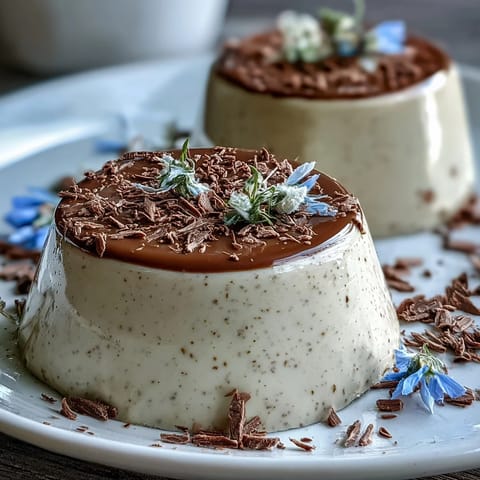 Creamy Hojicha Panna Cotta garnished with roasted nuts and chocolate shavings on a rustic table.
