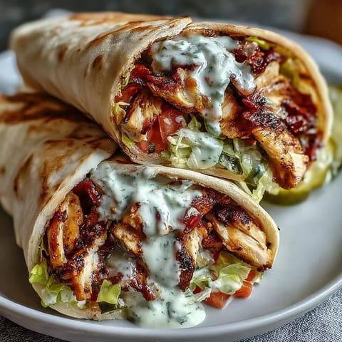 Sliced marinated chicken for Savor the Flavor: Irresistible Chicken Shawarma with Creamy Garlic Sauce, drizzled over crisp lettuce and tomatoes.
