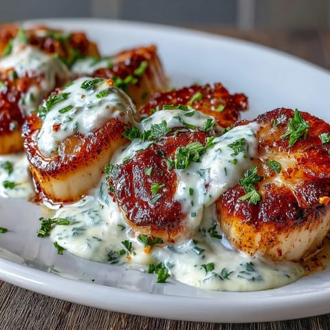Freshly seared scallops with a golden crust resting in a creamy, garlicky Cajun sauce served over fluffy rice.