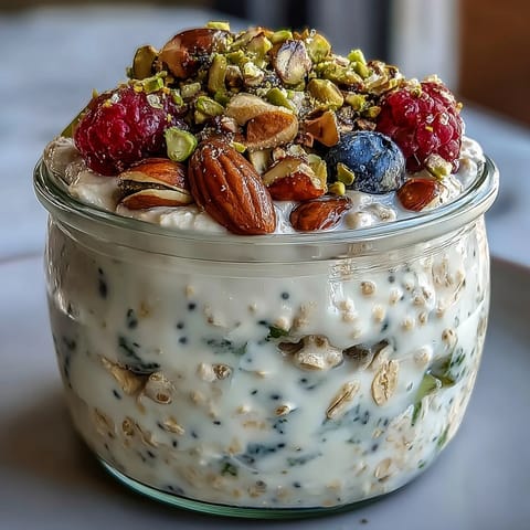 Creamy Pistachio Overnight Oats in a jar, showing thick oats layered with pistachios and honey.