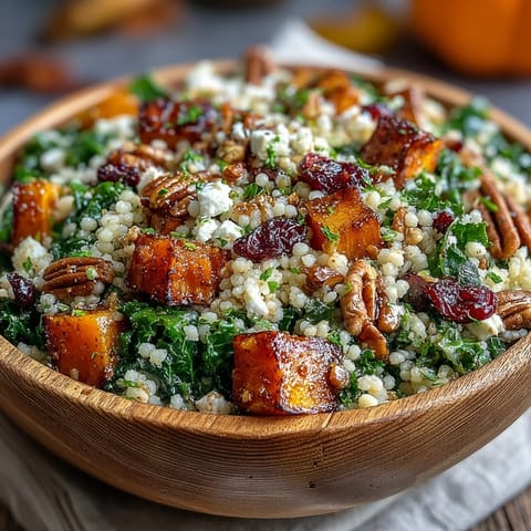 Roasted butternut squash and massaged kale salad with tender pearl couscous, cranberries, and pecans tossed in honey citrus dressing.