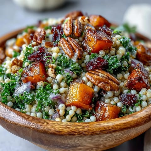 Honey Autumn Pearl Couscous Salad garnished with chopped pecans and fresh parsley, served in a rustic white bowl on a wooden table.