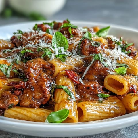 Steamy One-Pot Creamy Red Wine Sausage Pasta served in a bowl with red wine nearby.