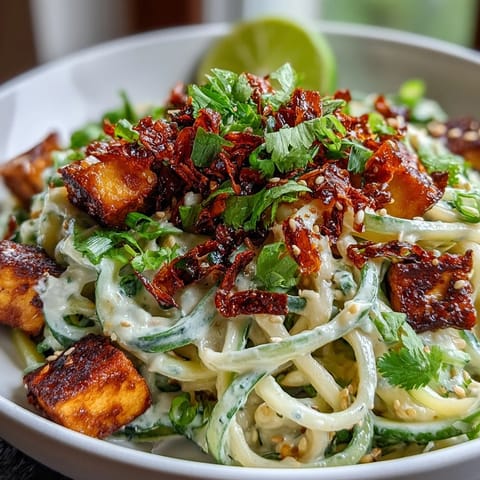 Cold noodles, julienned cucumbers, and creamy chili crisp dressing are tossed with tofu for a quick lunch.