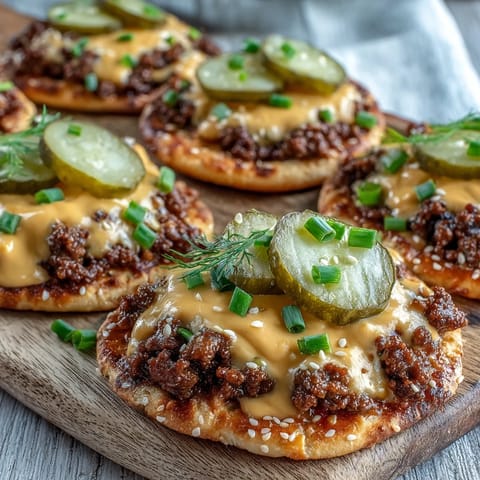 Four mini naan pizzas are topped with seasoned beef, melty cheese sauce, and pickles for a cheeseburger-inspired flavor.