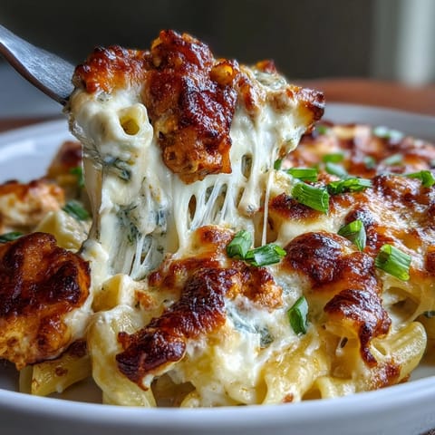 Steaming Creamy Buffalo Ranch Chicken Pasta Bake served on a rustic plate, garnished with fresh green onions and a side salad.