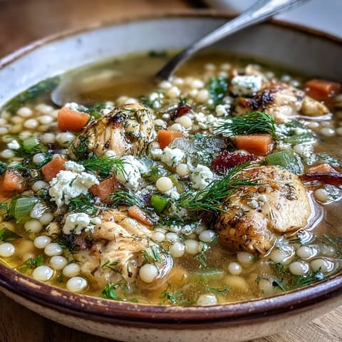 Close-up of Greek Chicken & Pearl Couscous Soup showing tender chicken chunks, soft couscous, and bright lemon zest.