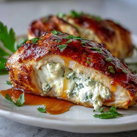 Sizzling Hot Honey Ricotta Stuffed Chicken rests on a white plate, garnished with basil, next to roasted vegetables.