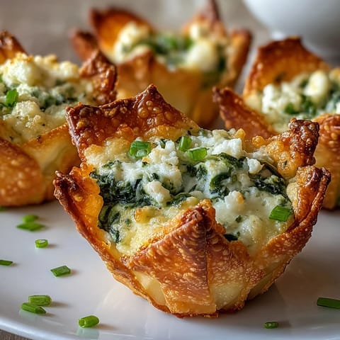 Hot Crispy Spinach Feta Wonton Cups are garnished with fresh herbs, ready to enjoy as a savory party appetizer.