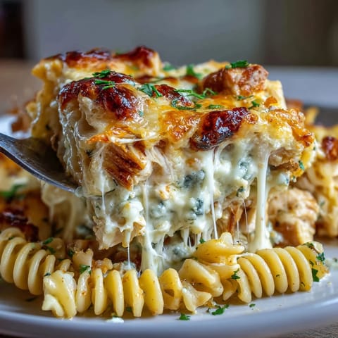 Steaming casserole dish of Creamy Buffalo Ranch Chicken Pasta Bake topped with green onions and crumbled blue cheese. 