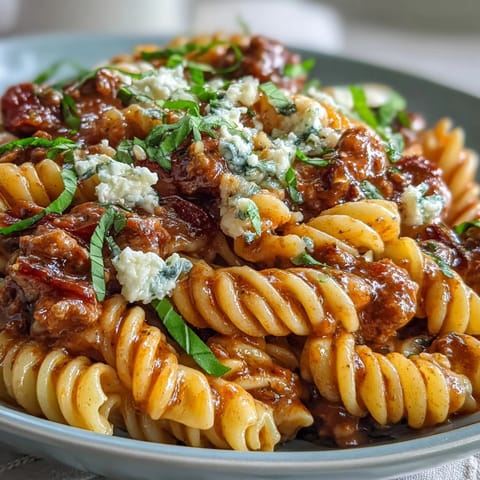 Creamy One-Pot Red Wine Sausage Pasta with tender sausage and fresh basil garnish.