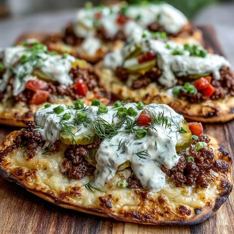 Close-up of crispy golden Cheeseburger Garlic Naan Pizzas topped with savory beef, tangy pickles, and melted cheddar cheese sauce.