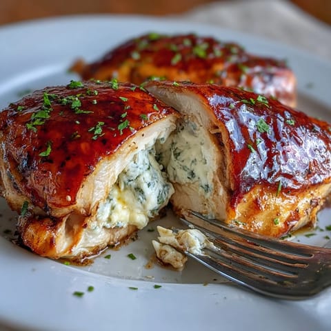 Golden-brown, juicy Hot Honey Ricotta Stuffed Chicken breasts resting on a white plate with fresh herbs.