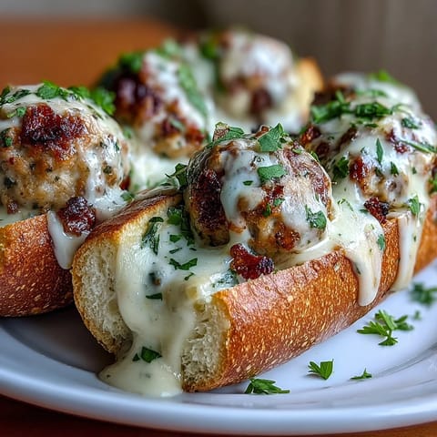 Golden turkey meatball subs loaded with melted mozzarella, fresh parsley, and a hearty garlic-Parmesan sauce.