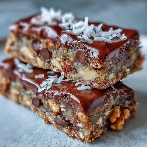 Chunky Monkey Protein Baked Oat Bars sit on a wooden board, showing loaded oats, walnuts, and melted chocolate chips.