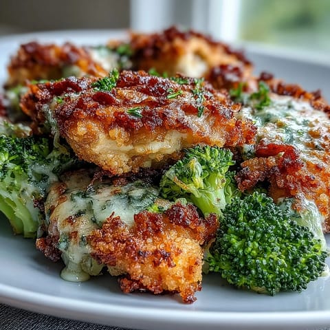 Vibrant broccoli florets and juicy chicken breasts topped with savory Parmesan and crispy breadcrumbs, served fresh from the oven.  