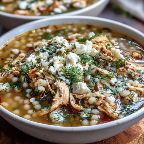 Comforting Greek soup with tender chicken, pearl couscous, zesty lemon, and a creamy feta crumble garnish.