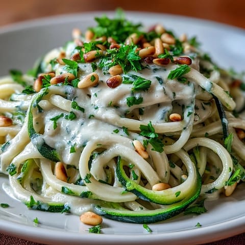 Silky cashew-based Alfredo coats tender spiralized zucchini noodles, creating a flavorful low-carb meal perfect for vegan and gluten-free diets.  
