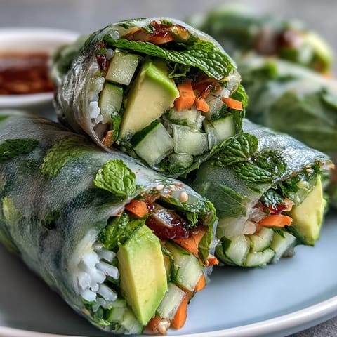 Colorful vegan spring rolls filled with mango, avocado, and fresh herbs, served with zesty sweet chili sauce.  