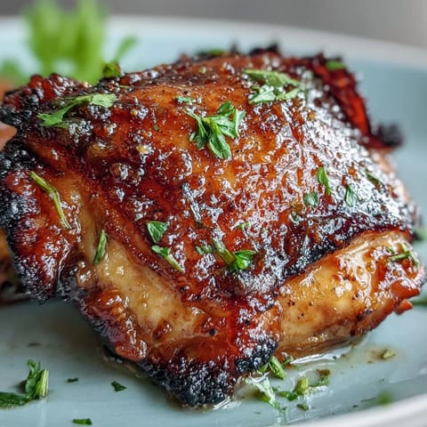 Vibrant honey mustard chicken thighs roasted with Brussels sprouts and red onion on a sheet pan, glazed and caramelized to perfection.  