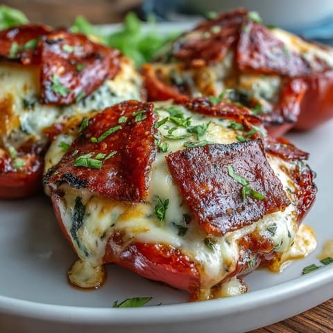 Bell peppers filled with savory marinara, melted mozzarella, and zesty pepperoni for a low-carb pizza twist.  