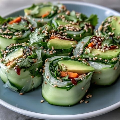 Light Cucumber Avocado Rolls with Sesame: Crisp cucumber slices wrapped around creamy avocado, carrot, and sesame seeds for a fresh, healthy appetizer.