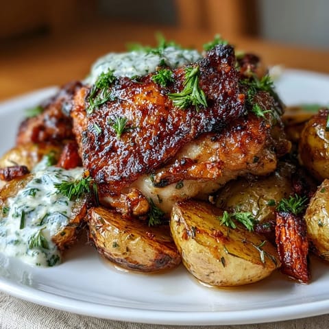 Herb roasted chicken thighs with carrots and potatoes on a sheet pan, golden skin glistening with herbs and surrounded by caramelized vegetables.  