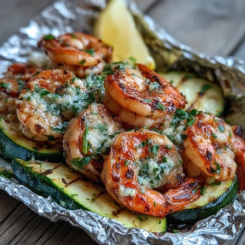 Lemon butter garlic shrimp packets with zucchini, a quick keto meal bursting with fresh flavors and aromatic herbs.