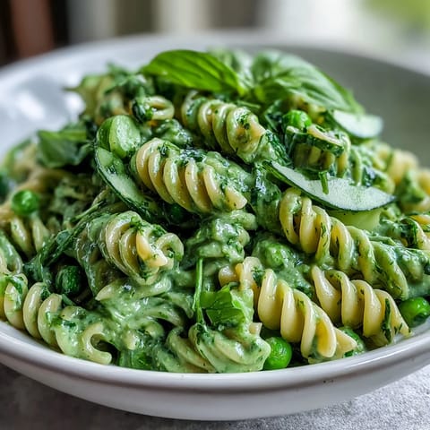A vibrant vegan pasta salad with creamy green goddess dressing, fresh peas, and basil, perfect for picnics or light lunches.