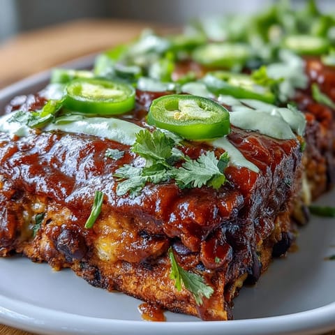 Hearty plant-based casserole topped with creamy avocado crema and fresh cilantro.  