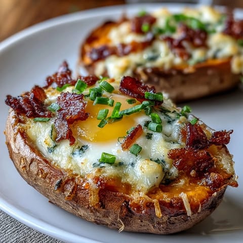 Hearty breakfast sweet potatoes baked and stuffed with crispy bacon, melty cheddar, and a perfectly cooked egg, topped with fresh scallions.  