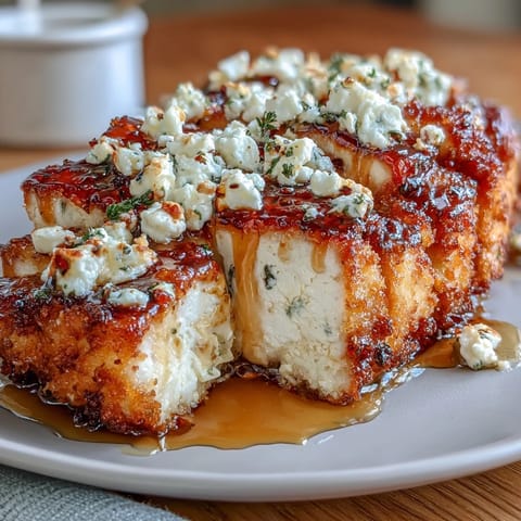 Tender chicken breasts fried to perfection, topped with tangy feta cheese and finished with a bold hot honey glaze.  