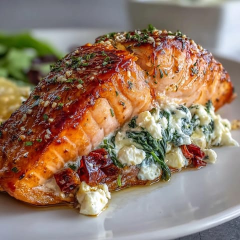 Tender salmon stuffed with savory spinach, feta, and red peppers, baked until flaky and perfect for an easy Mediterranean dinner.  