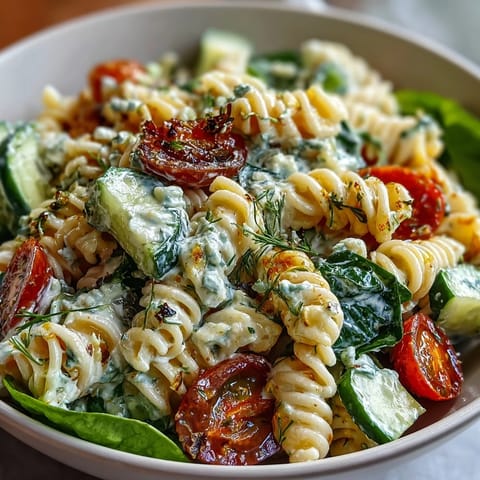 High protein cottage cheese pasta salad with fresh vegetables and creamy dressing in a serving bowl.  
