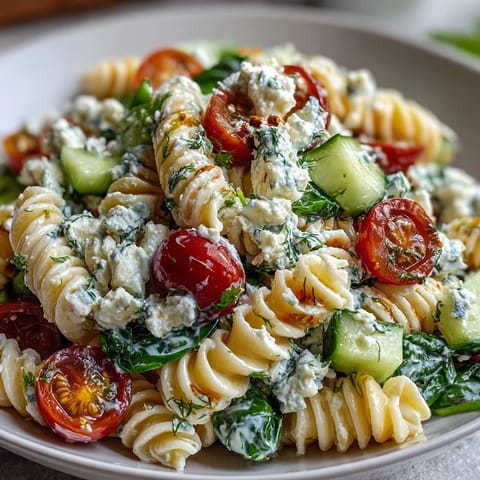 Colorful pasta salad with cottage cheese, cherry tomatoes, cucumber, and bell pepper, perfect for meal prep.  