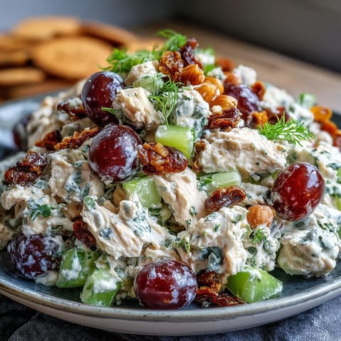 Close-up of colorful vegan chicken salad featuring chickpeas, celery, and sweet cherries on a wooden table.  
