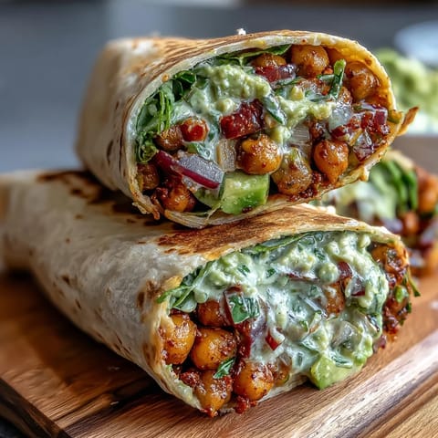 Vibrant vegan wrap featuring mashed chickpeas, avocado, red onion, and bell pepper, rolled in a warm tortilla.