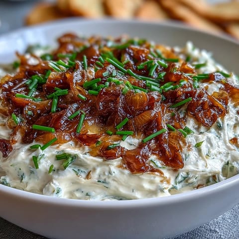 Creamy caramelized onion dip with sour cream and chives, served with crispy potato chips and fresh vegetable crudités.