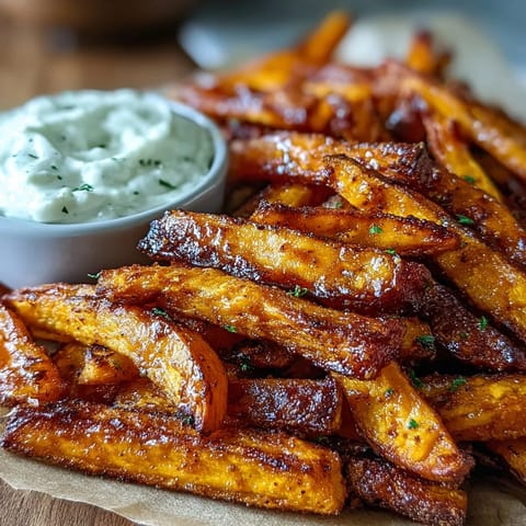 Crispy air fryer sweet potato fries with smoky paprika seasoning served alongside creamy homemade onion dip.  