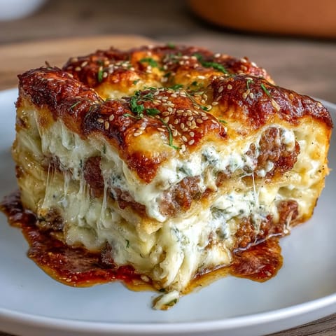 Hearty dumpling lasagna bake with ground pork and cabbage in a savory Asian-inspired sauce, layered between tender wrappers and topped with melted mozzarella.