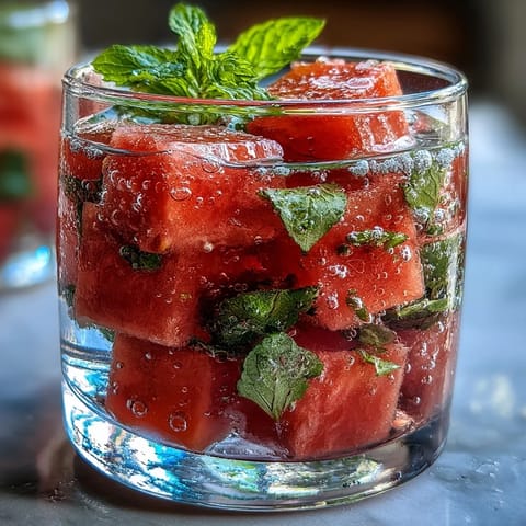 Vibrant summer drink featuring juicy watermelon cubes and aromatic mint leaves in a tall glass with a straw.  